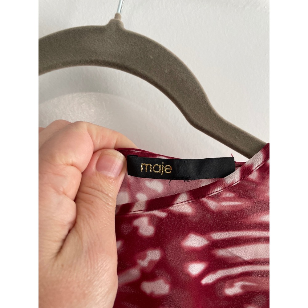 Maje Rivole Abstract Print Twist Front Midi Dress Burgundy White Long Sleeve - Picture 9 of 11